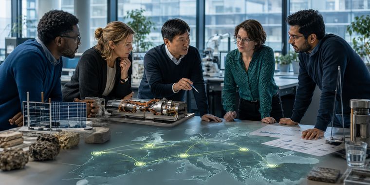 Forschende diskutieren um einen Tisch mit Bauteilmustern und einer Netzwerkkarte.