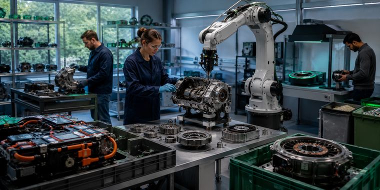 Roboterzelle zur Demontage elektrischer Antriebe mit Batteriemodulen und Statoren.