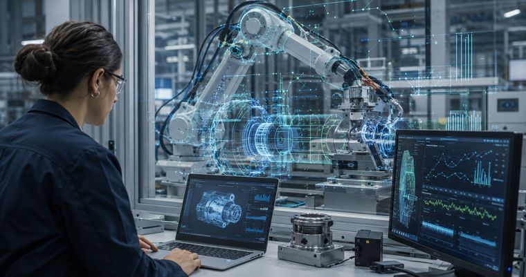 Arbeitsplatz mit Roboterzelle und digitalem Zwilling eines Bauteils auf dem Bildschirm.