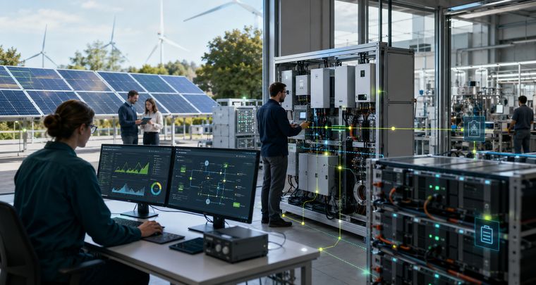 Versuchsstand mit Batteriespeichern, Photovoltaikmodulen und Monitoring-Arbeitsplatz.