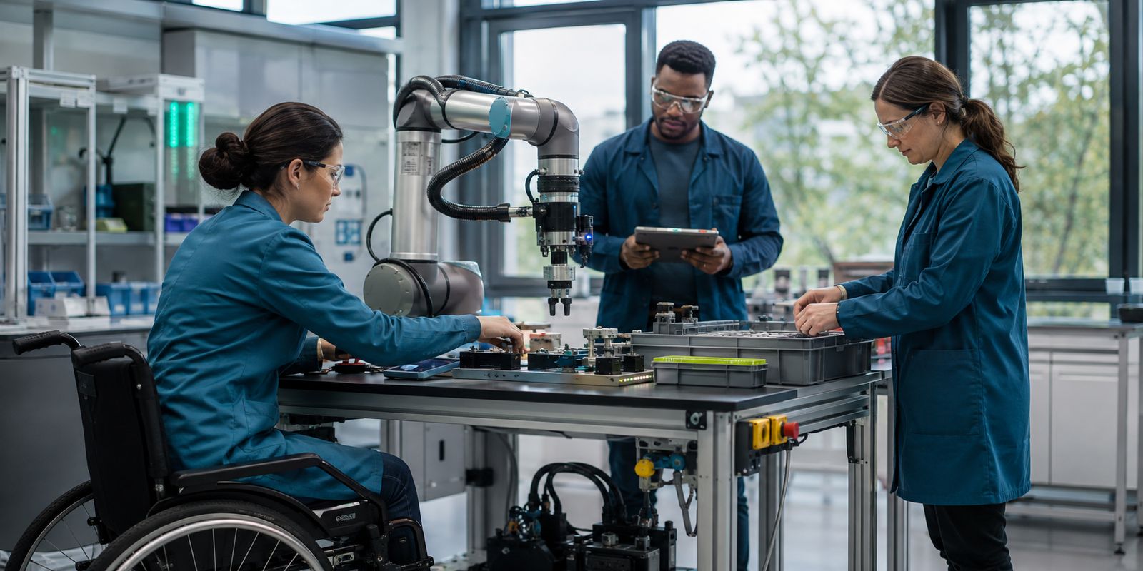 Forschende und Praktiker arbeiten gemeinsam an einer Montagezelle mit kollaborativem Roboter.