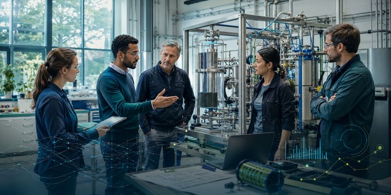 Forschungsgruppe im Gespräch vor einer Versuchsanlage im Technikum.