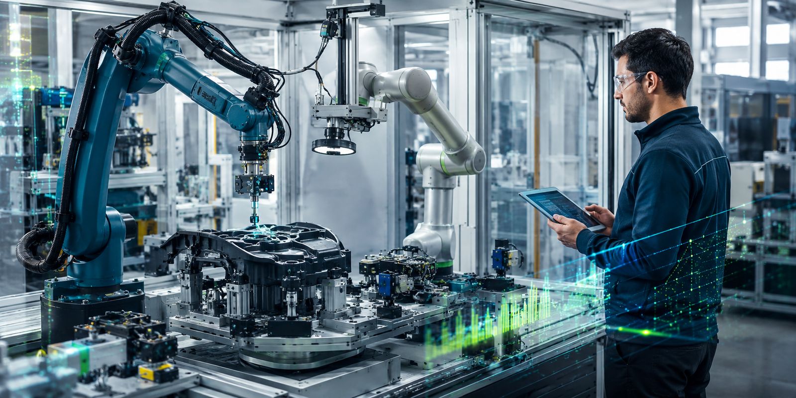 Zwei Industrieroboter bearbeiten ein Gehäuse; ein Ingenieur verfolgt Prozessdaten auf einem Tablet.