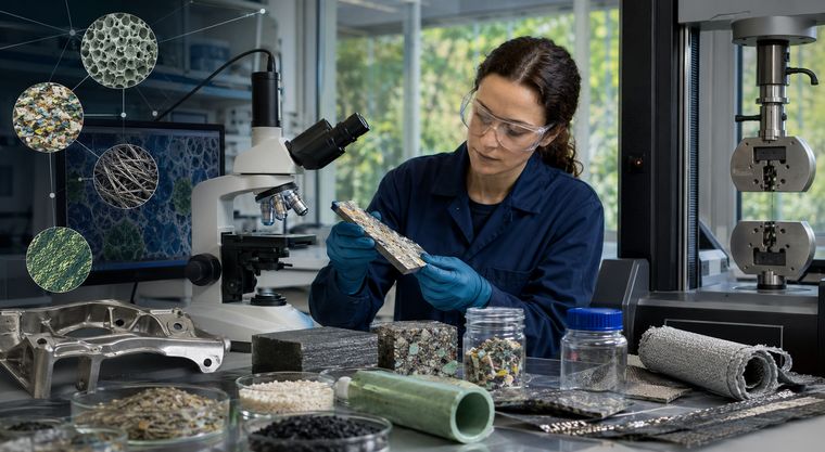 Werkstoffprüfung mit Mikroskop, Materialproben und Prüfmaschine.